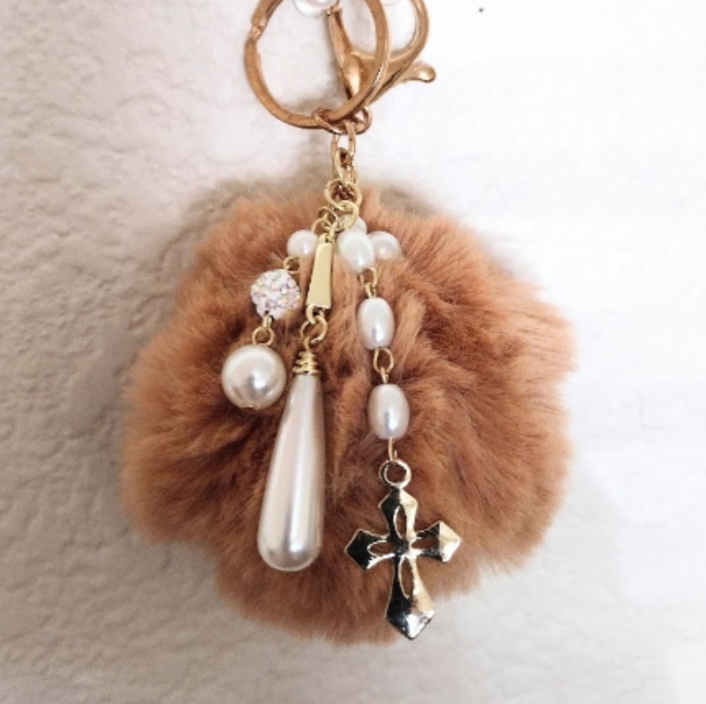 Tan Pom-pom Bag Charm-Keychain w/Dangle Drop Pearl Strands